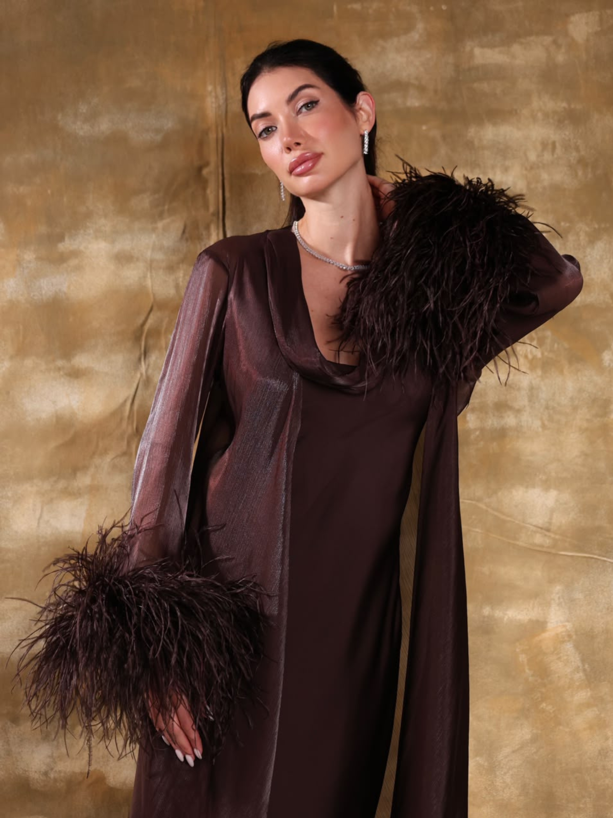 NOOR BROWN OSTRICH FEATHER ABAYA