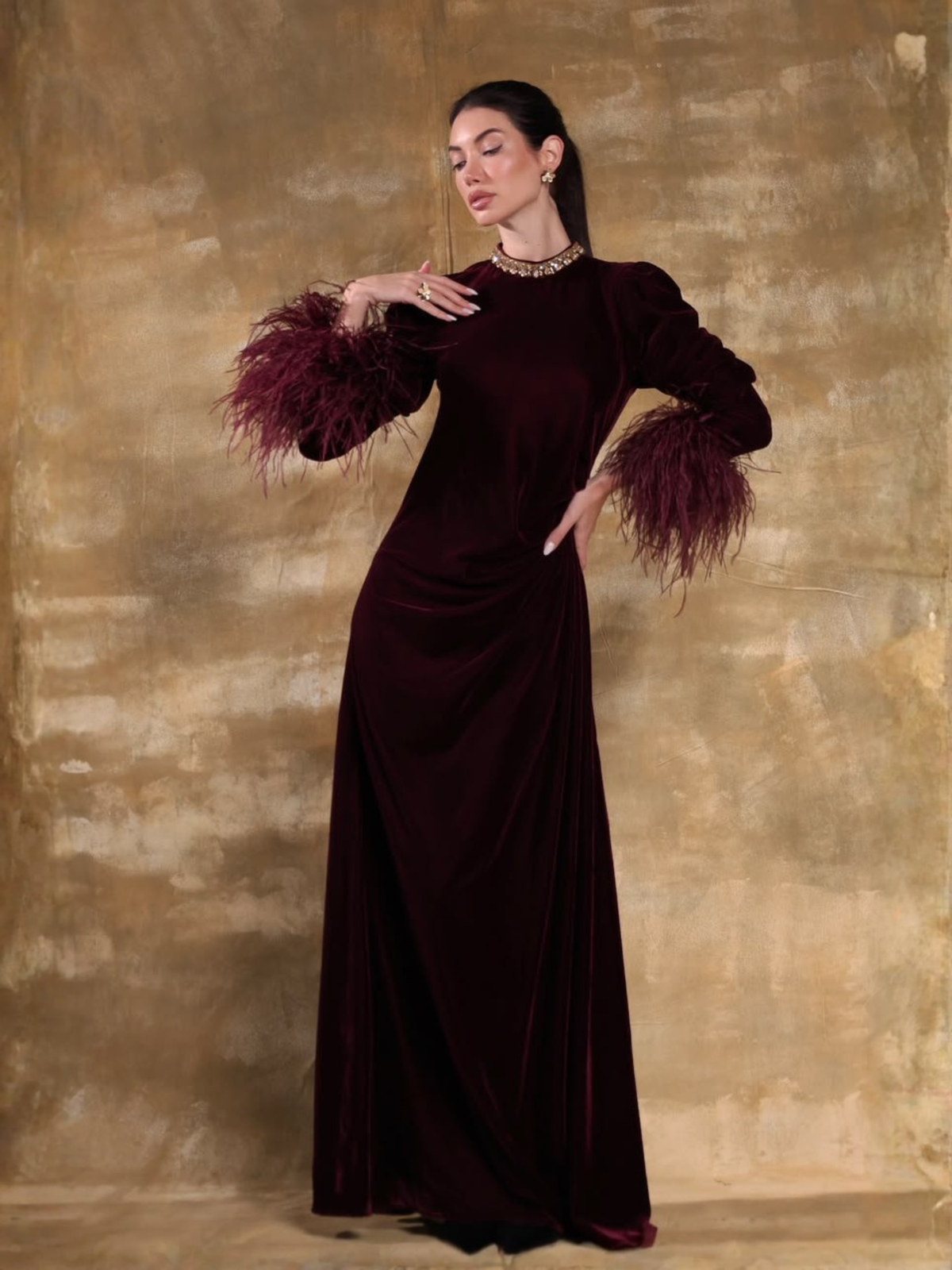 SALMA BURGUNDY VELVET DRESS WITH OSTRICH FEATHER