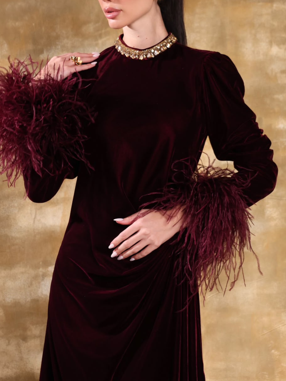 SALMA BURGUNDY VELVET DRESS WITH OSTRICH FEATHER