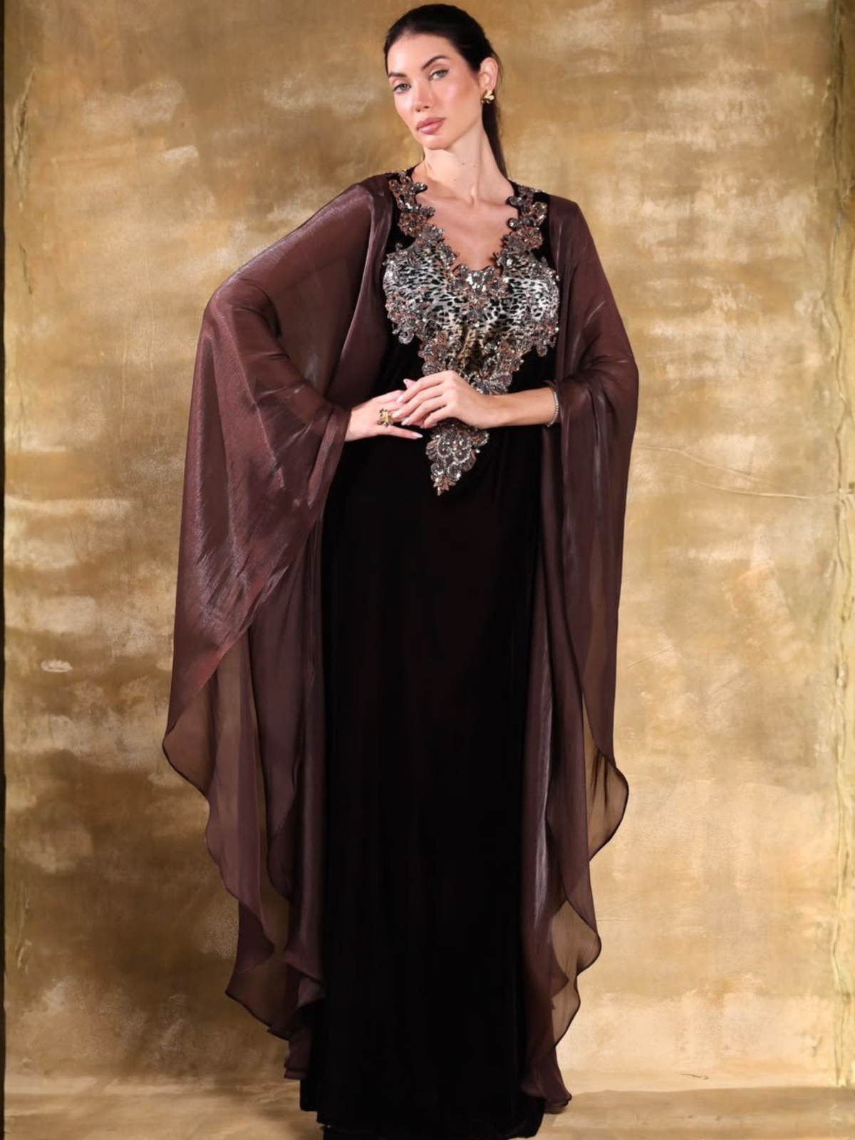 GHAZAL BROWN EMBROIDERED VELVET KAFTAN