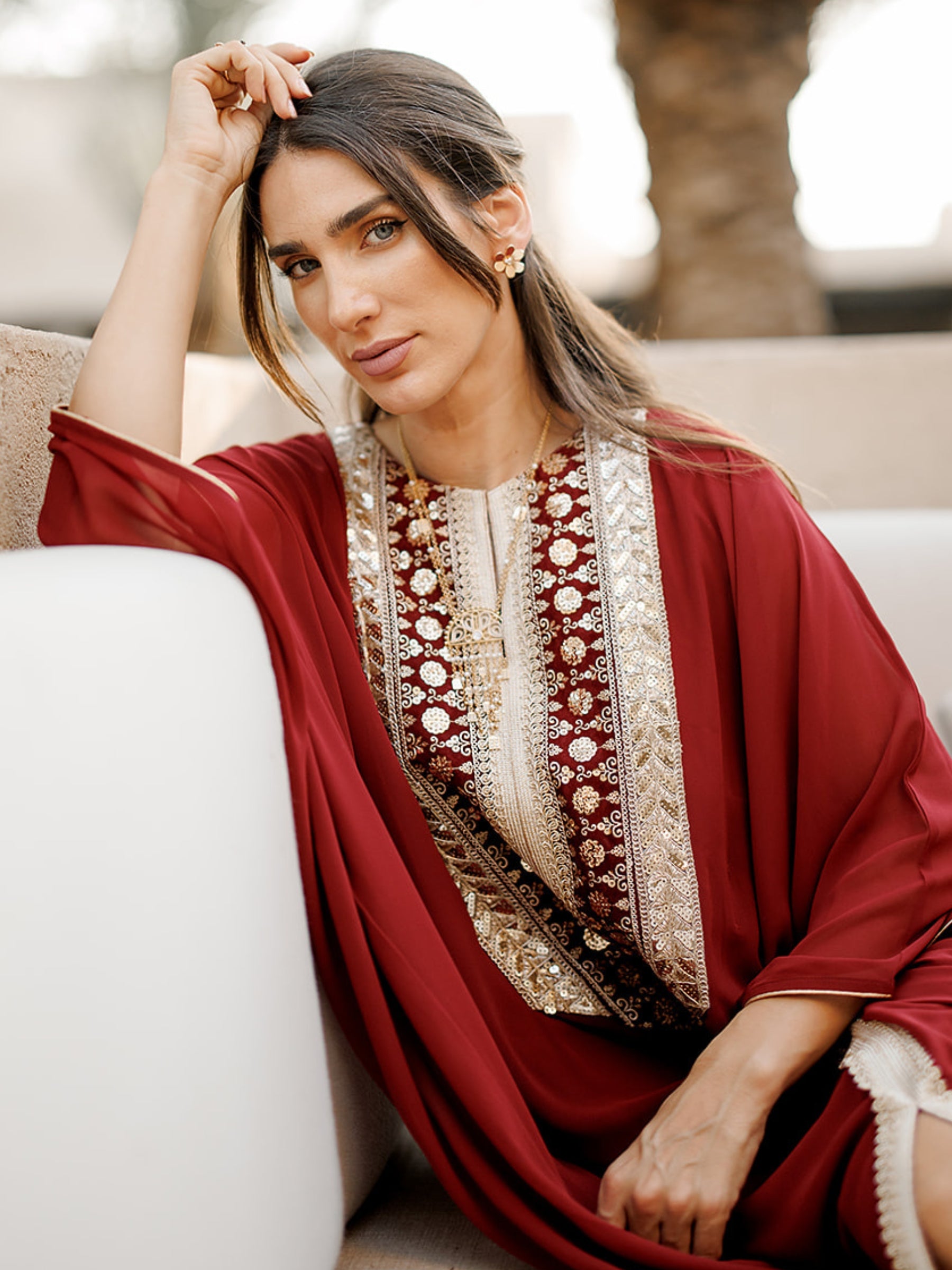 fitted lace wedding dress SAMIRA EMBELLISHED RED KAFTAN