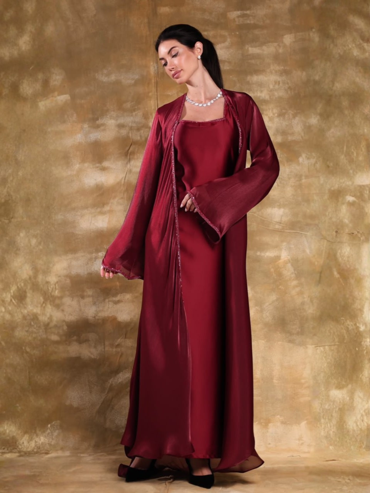 RAWAN BURGUNDY EMBROIDERED ABAYA