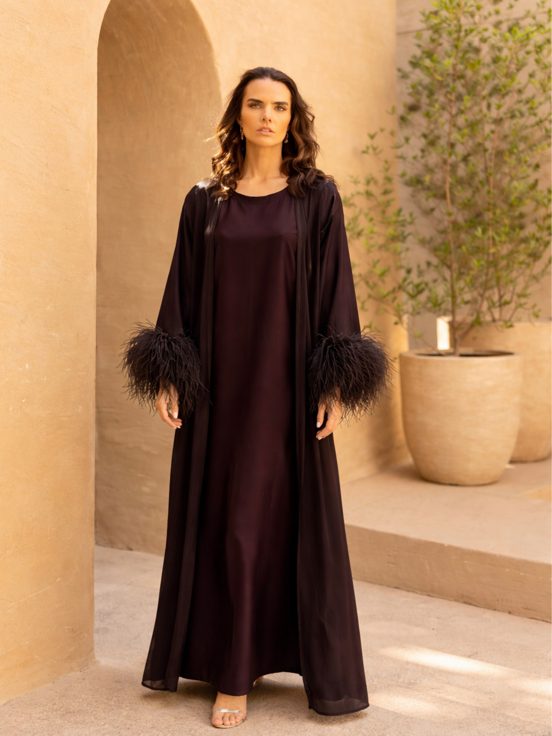 NOUF BROWN FEATHER ABAYA