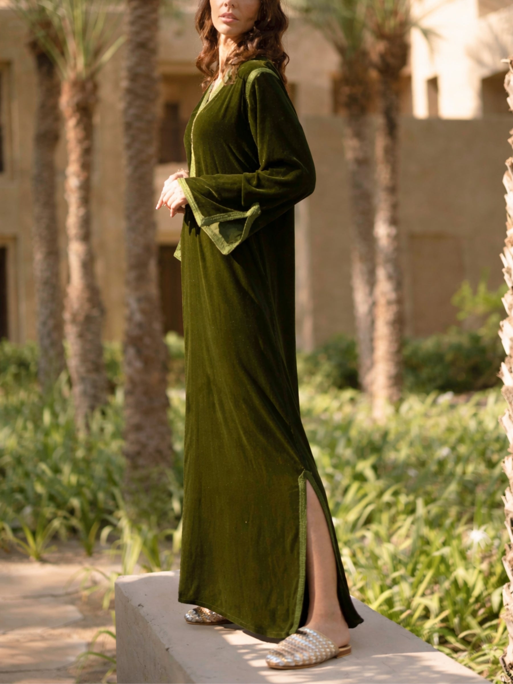 velvet green caftan dress Emerald Green Golden Embroidery Long Evening Maxi Caftan Dress With Ve   Sultan Dress