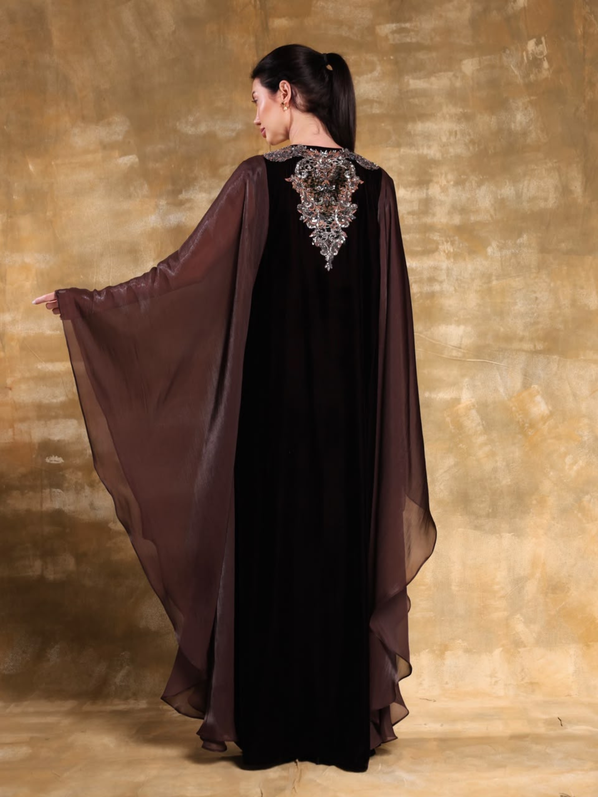 GHAZAL BROWN EMBROIDERED VELVET KAFTAN