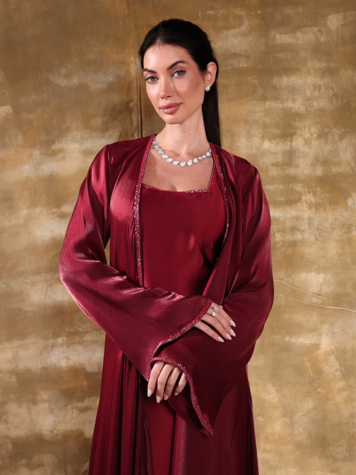 RAWAN BURGUNDY EMBROIDERED ABAYA