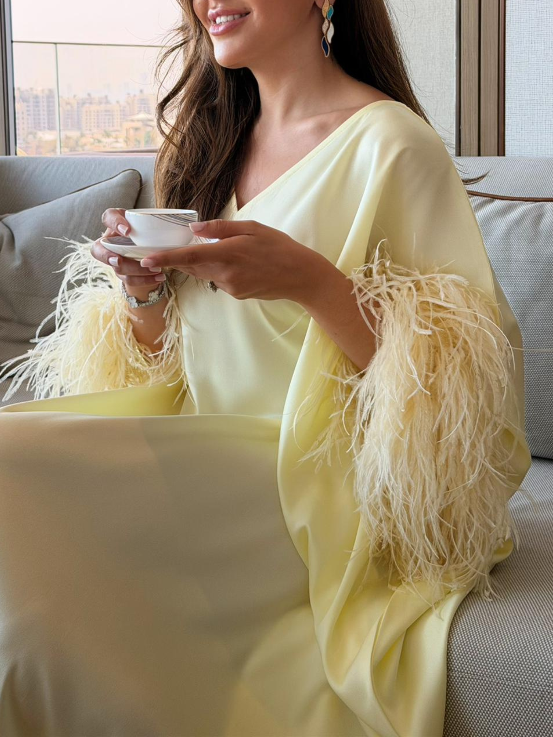 MAYA BUTTER YELLOW FEATHER KAFTAN