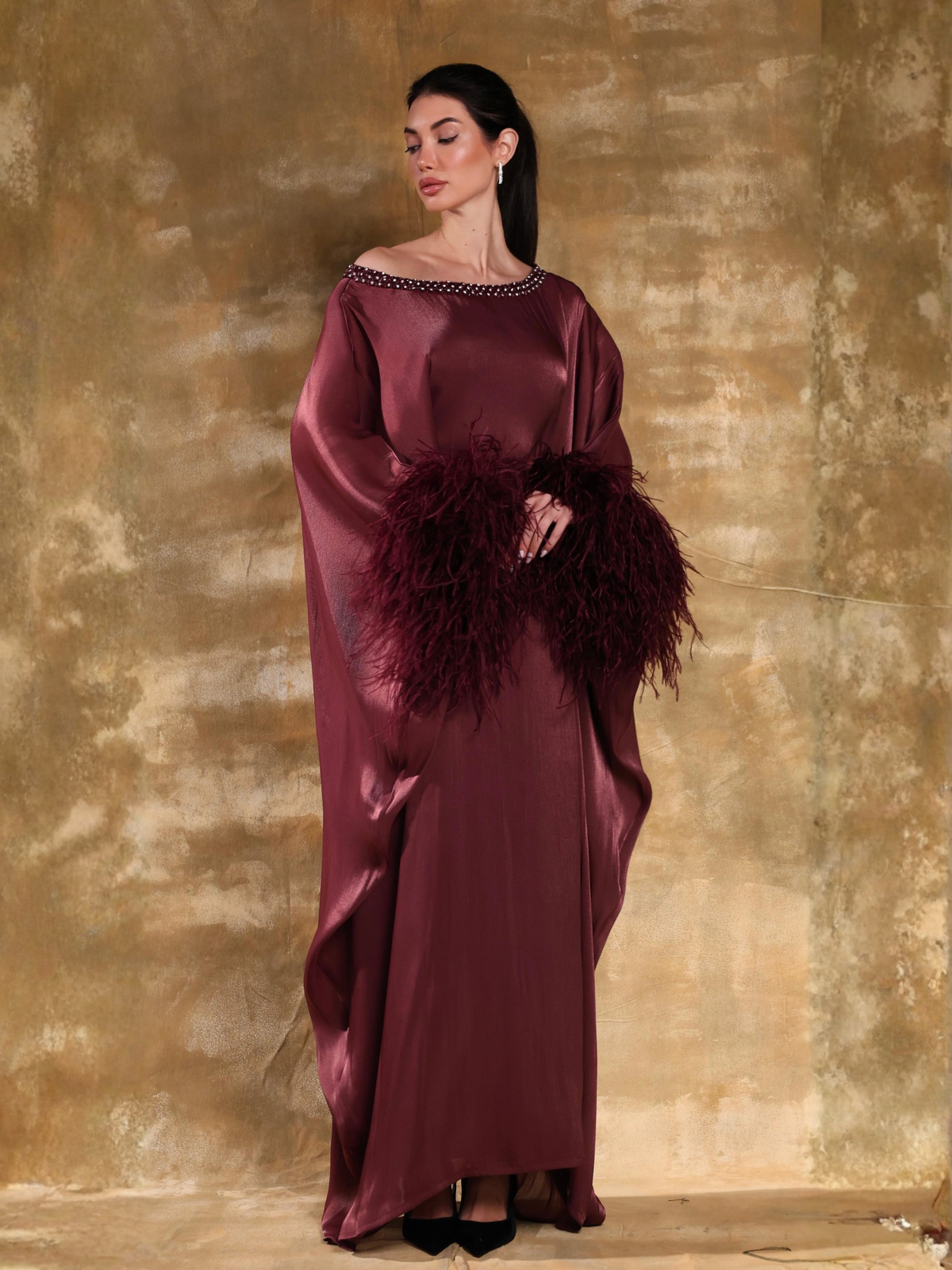 TALA BURGUNDY OSTRICH FEATHER KAFTAN