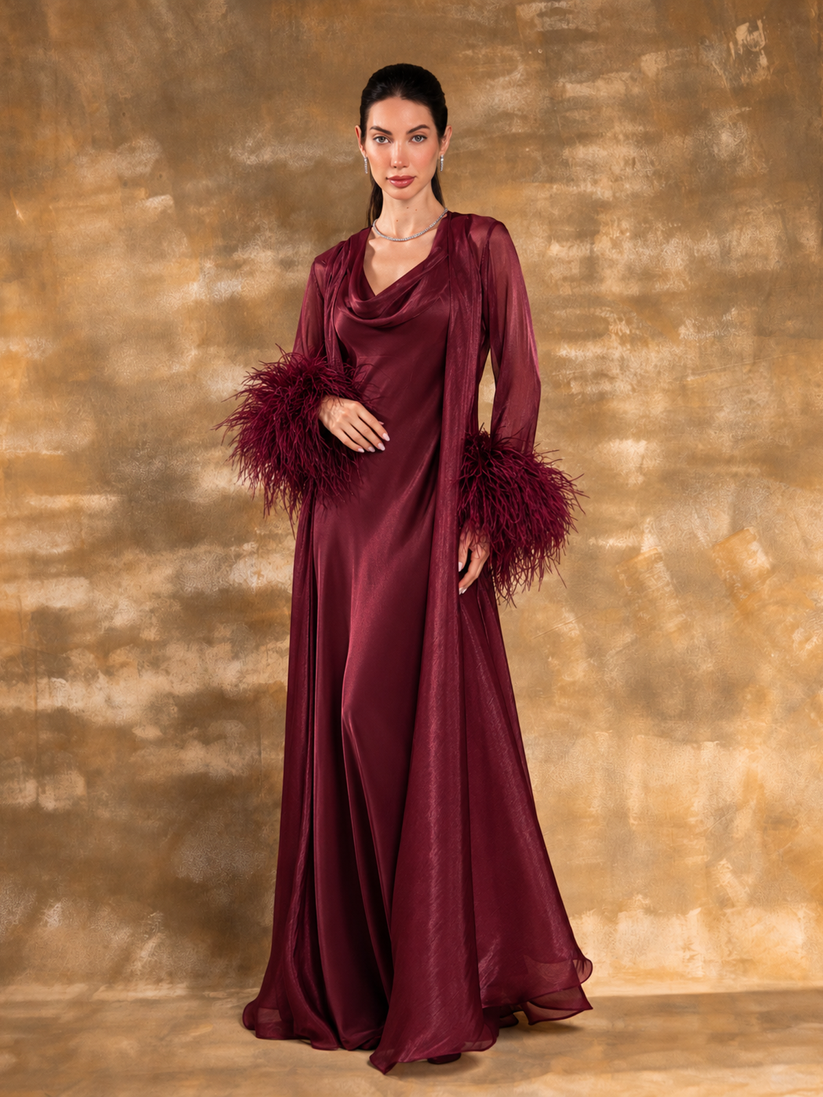 NOOR BURGUNDY OSTRICH FEATHER ABAYA