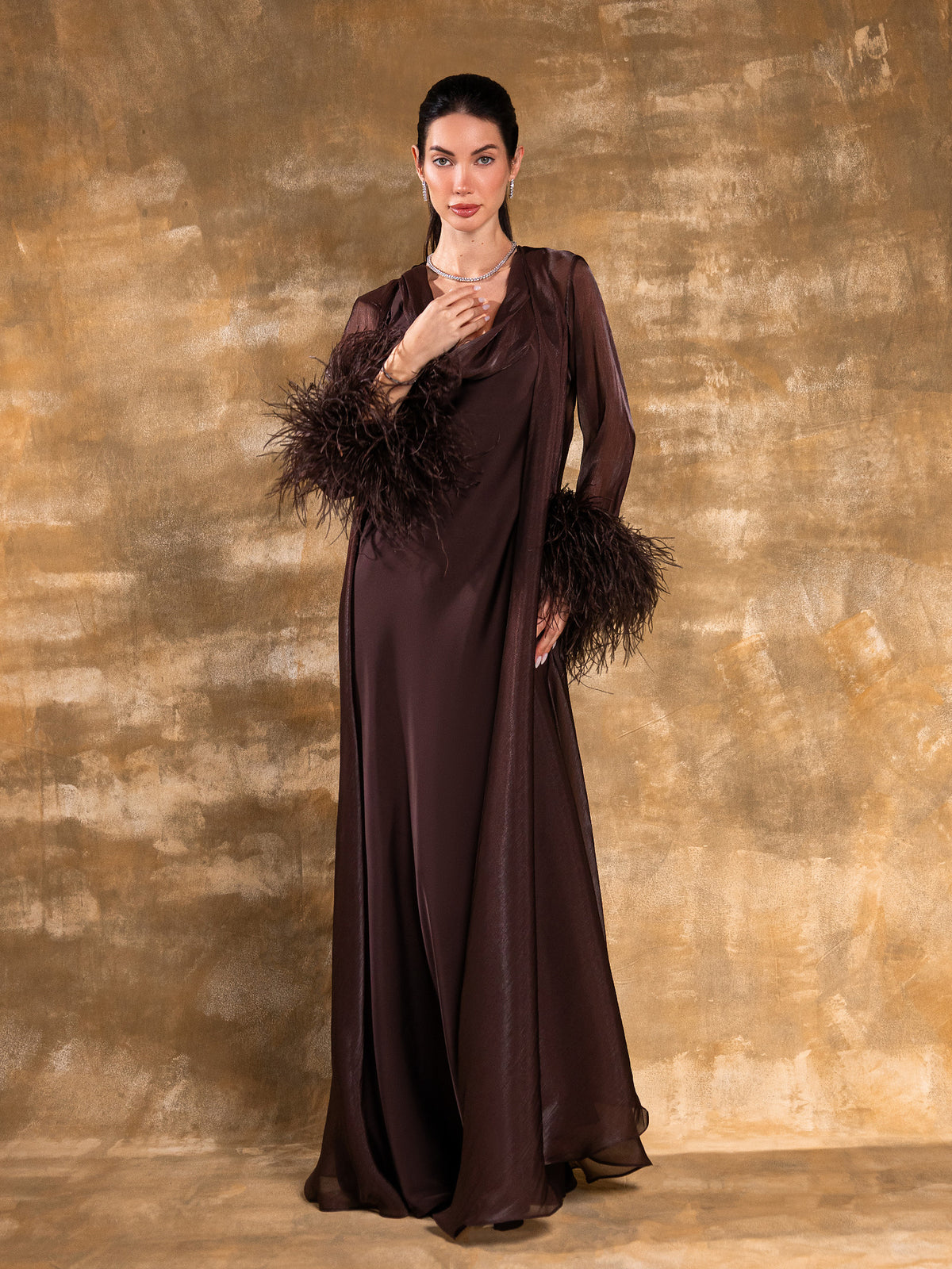 NOOR RICH BROWN OSTRICH FEATHER ABAYA