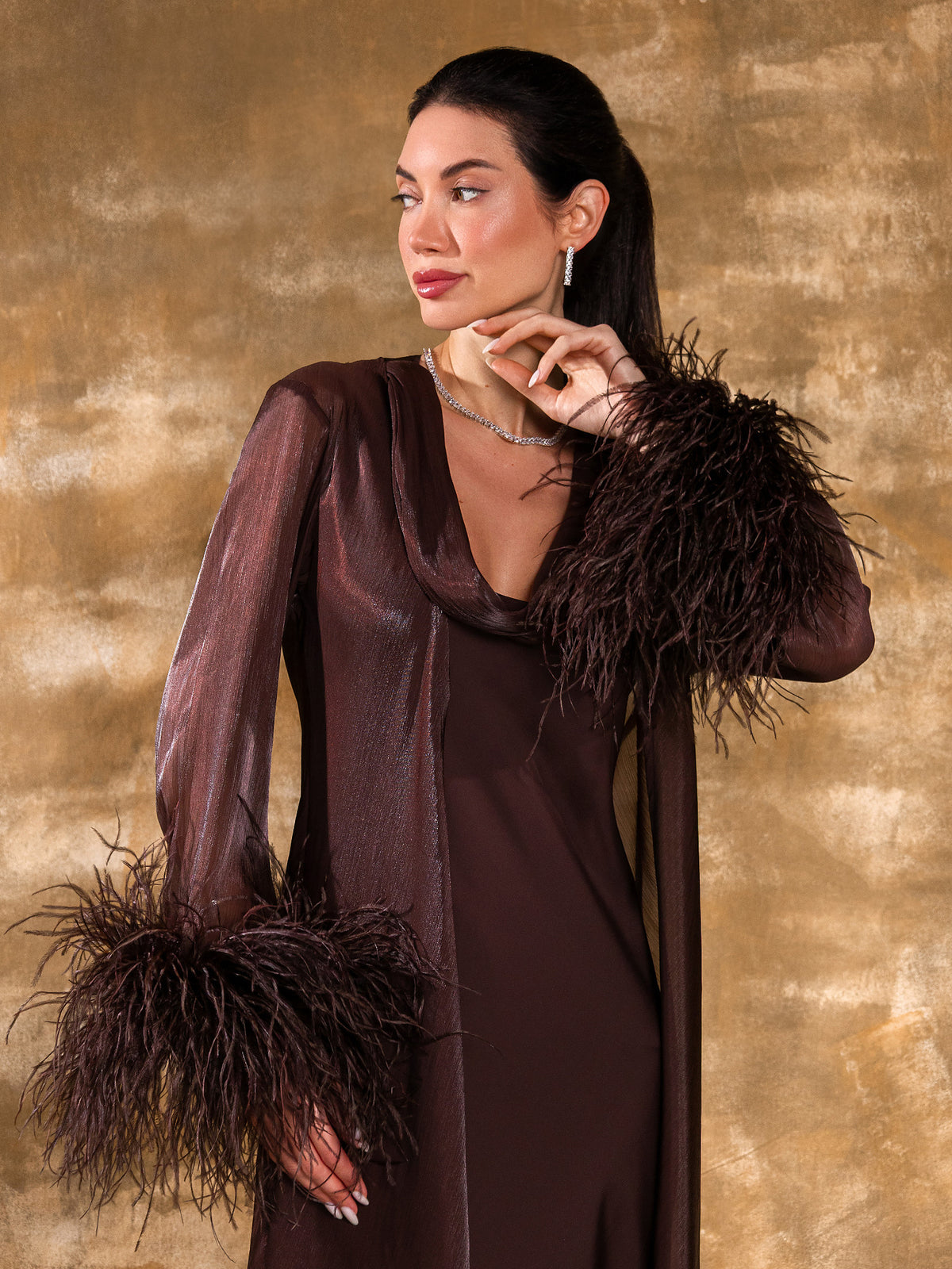 NOOR RICH BROWN OSTRICH FEATHER ABAYA