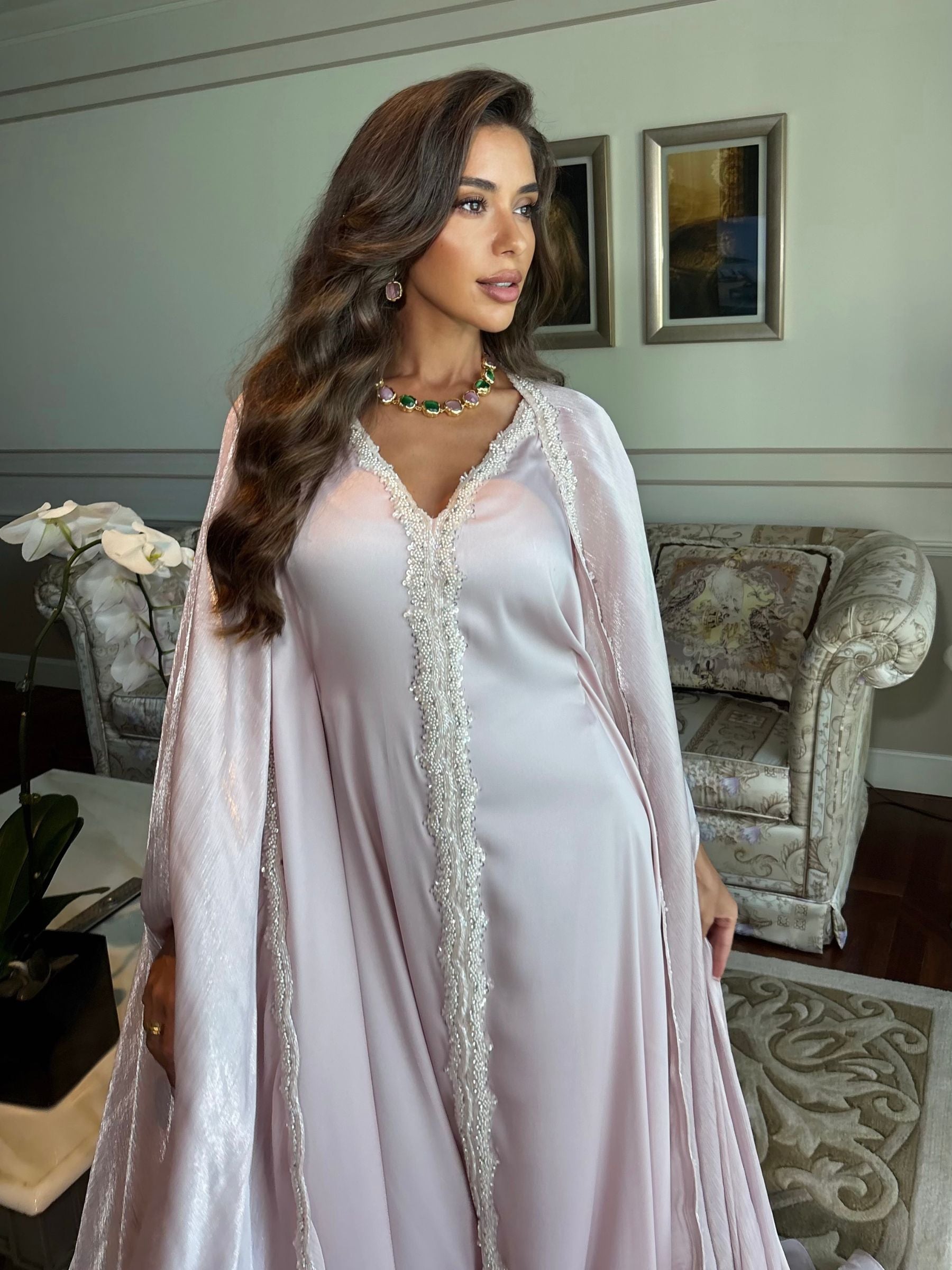 pink kaftan dress MIRA EMBROIDERED PINK KAFTAN