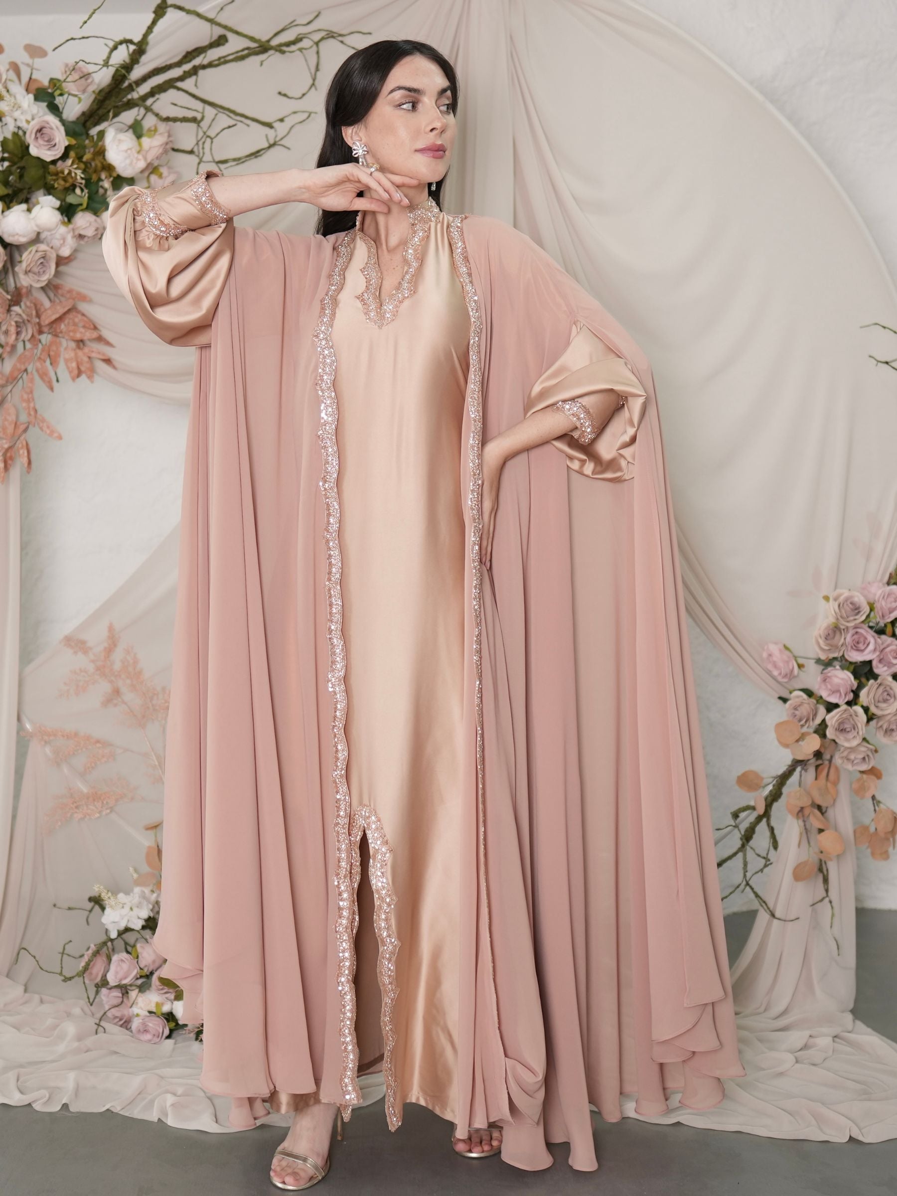 Maison Arabelle blush pink kaftan with cape and pink embroidery