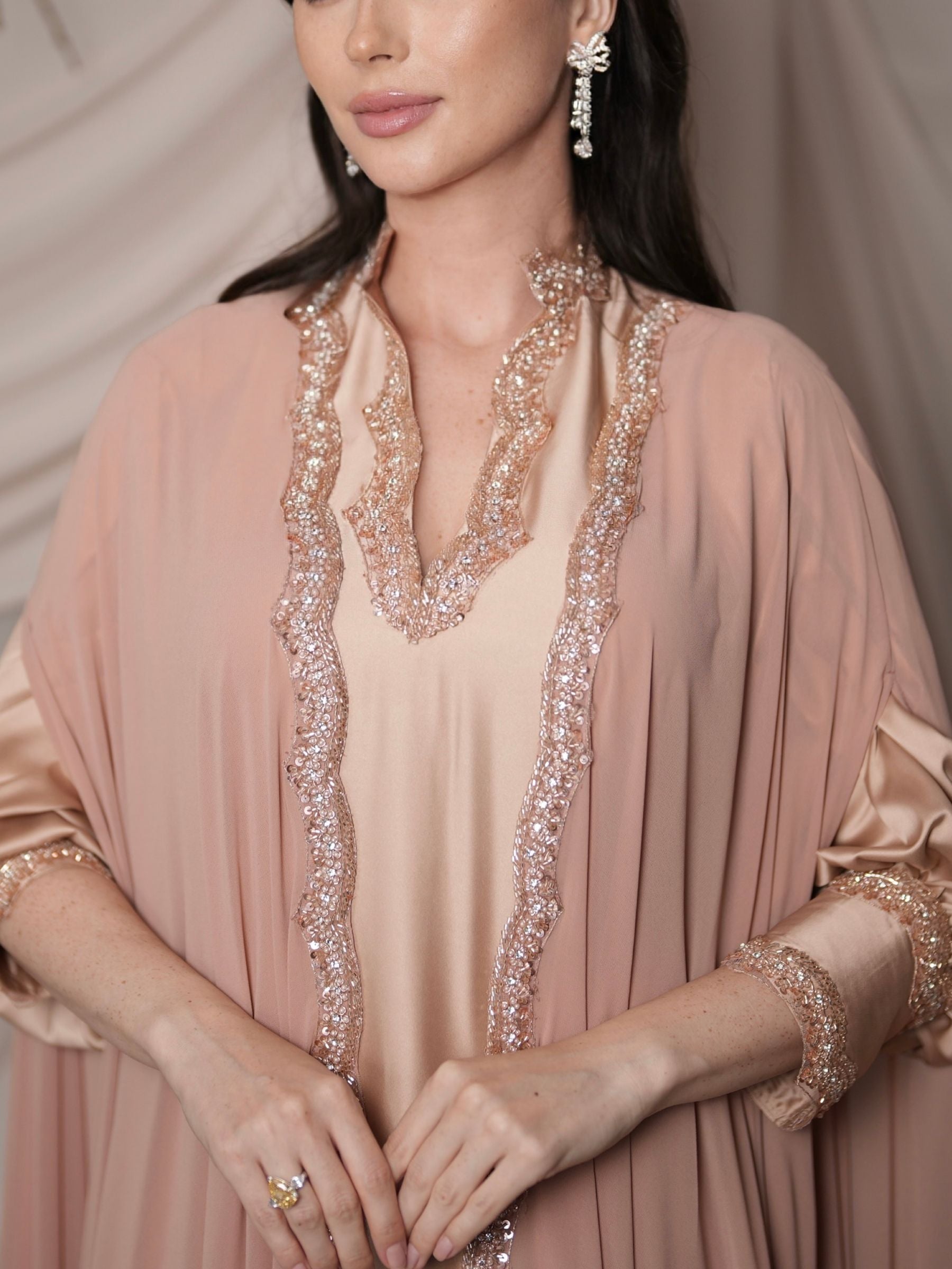 Maison Arabelle blush pink kaftan with cape and pink embroidery