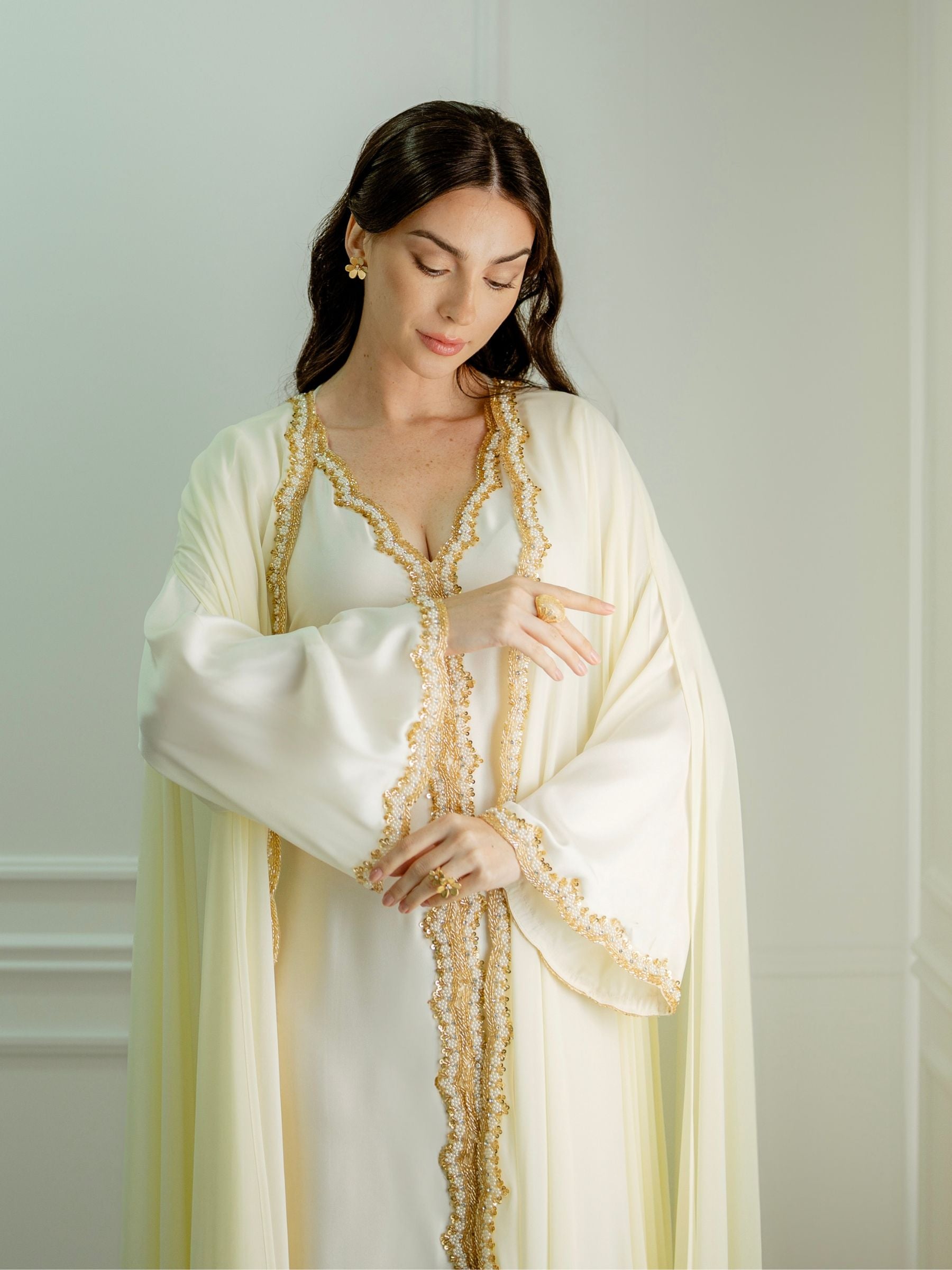 Maison Arabelle white outfit with gold embroidery for wedding occasion
