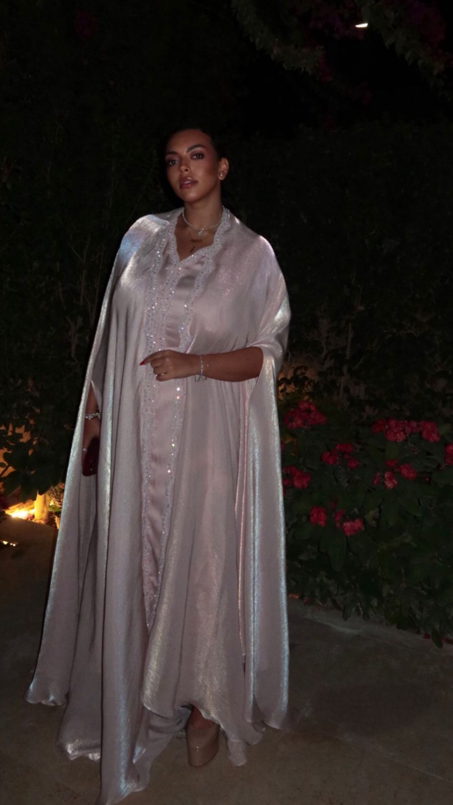 Ameni Esseibe Radiates Elegance at Henna Party in our Mira Pink Embroidered Kaftan