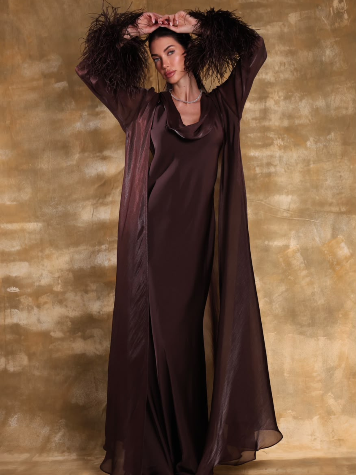NOOR BROWN OSTRICH FEATHER ABAYA