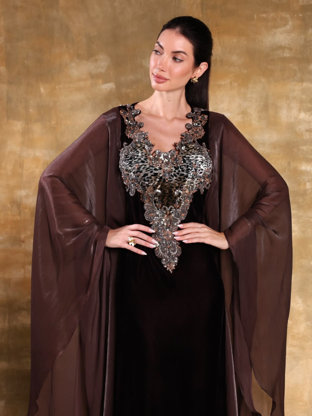 GHAZAL BROWN EMBROIDERED VELVET KAFTAN