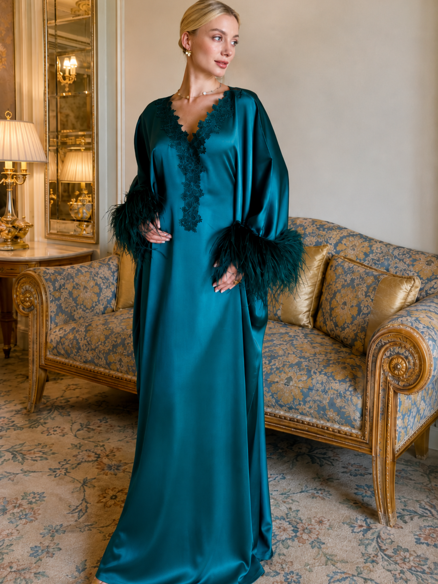 JOURI FEATHER KAFTAN