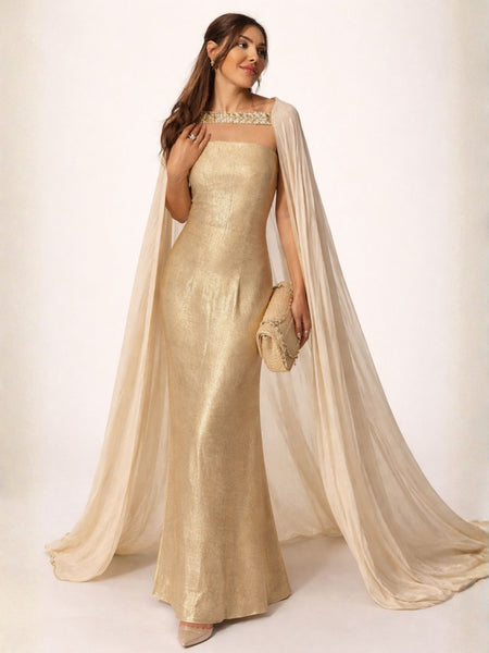 ZAHRA GOLD DRESS WITH CAPE ZAHRA GOLD DRESS WITH CAPE