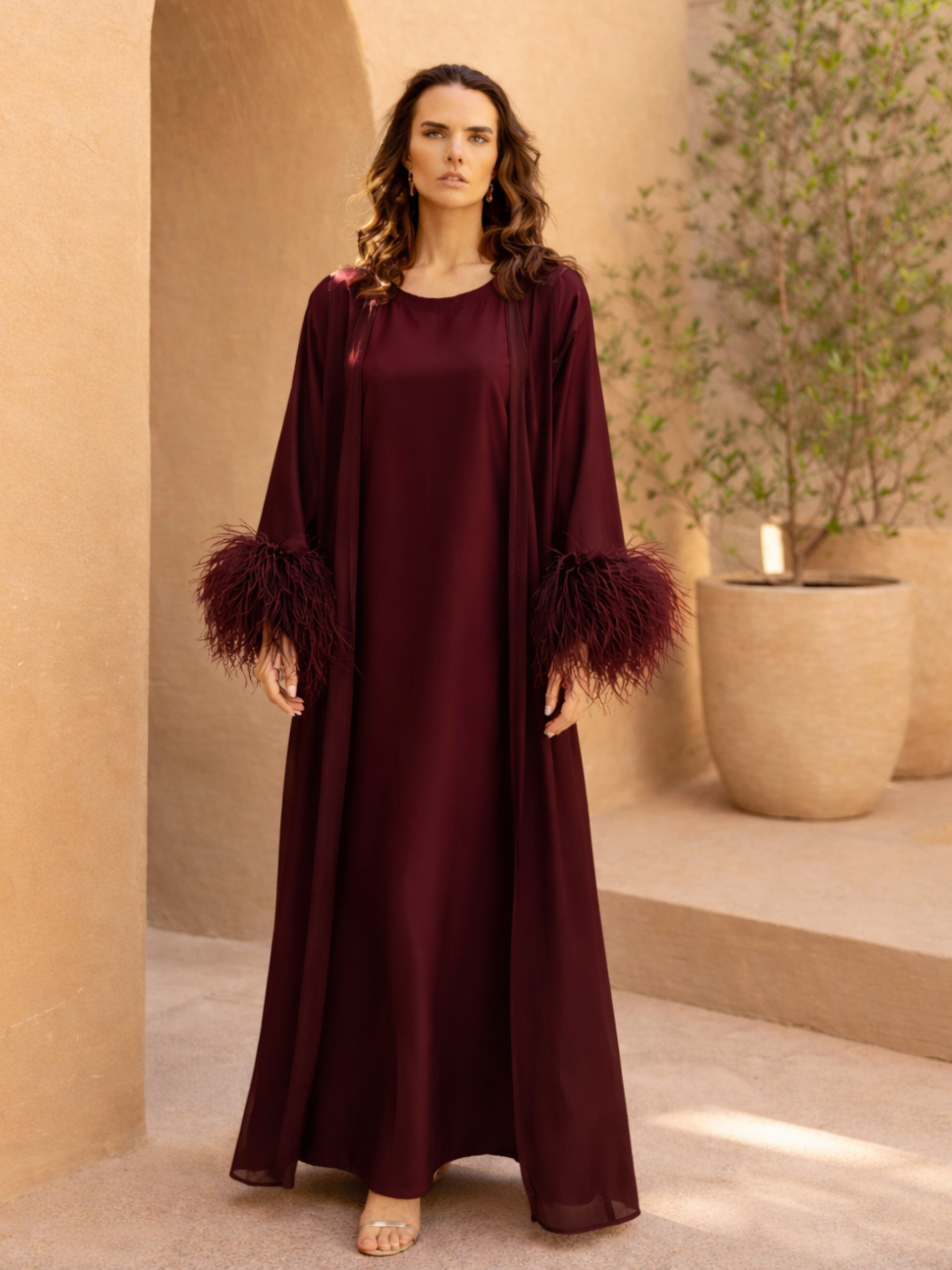NOUF BURGUNDY FEATHER ABAYA