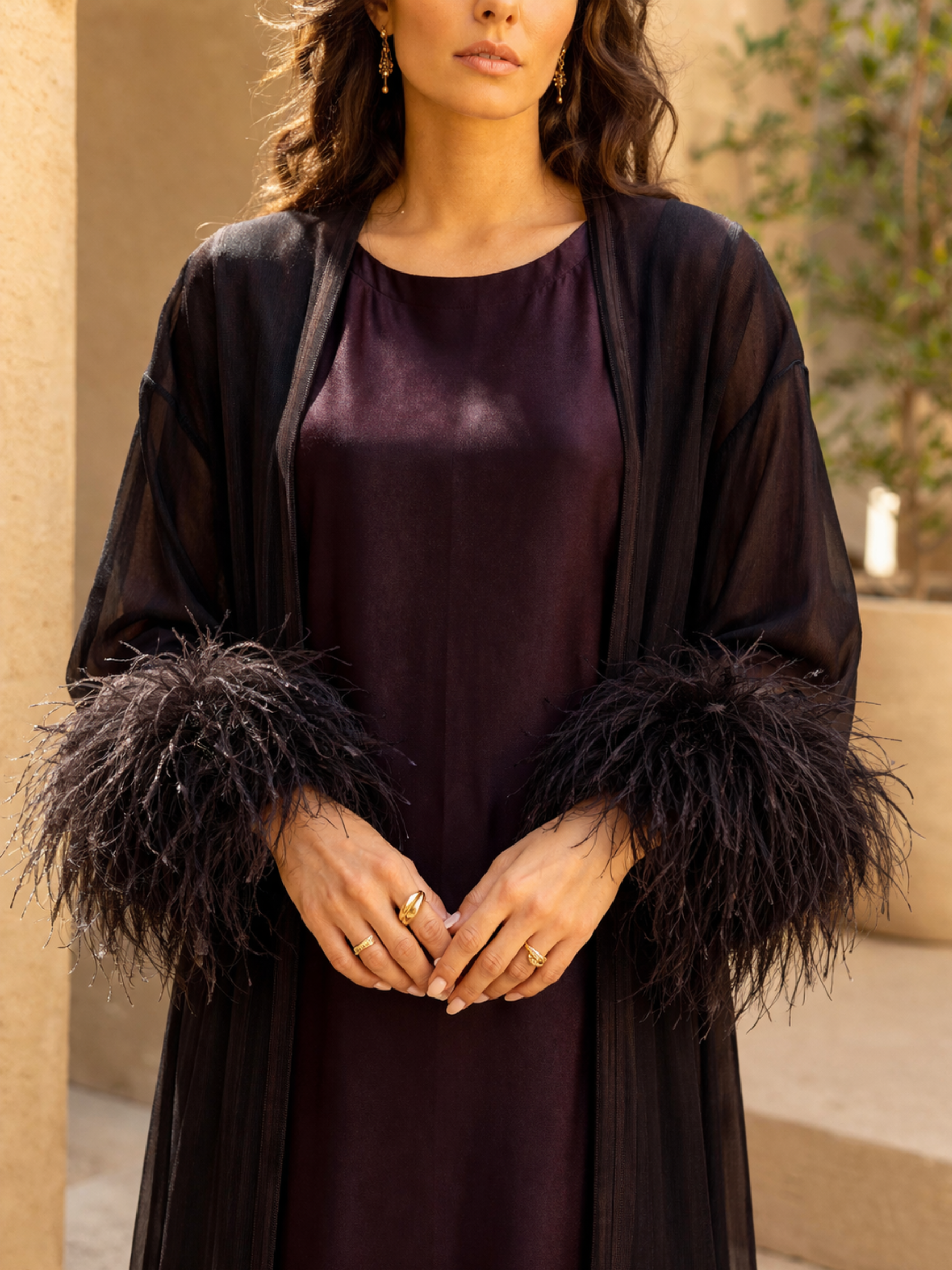 NOUF BROWN FEATHER ABAYA