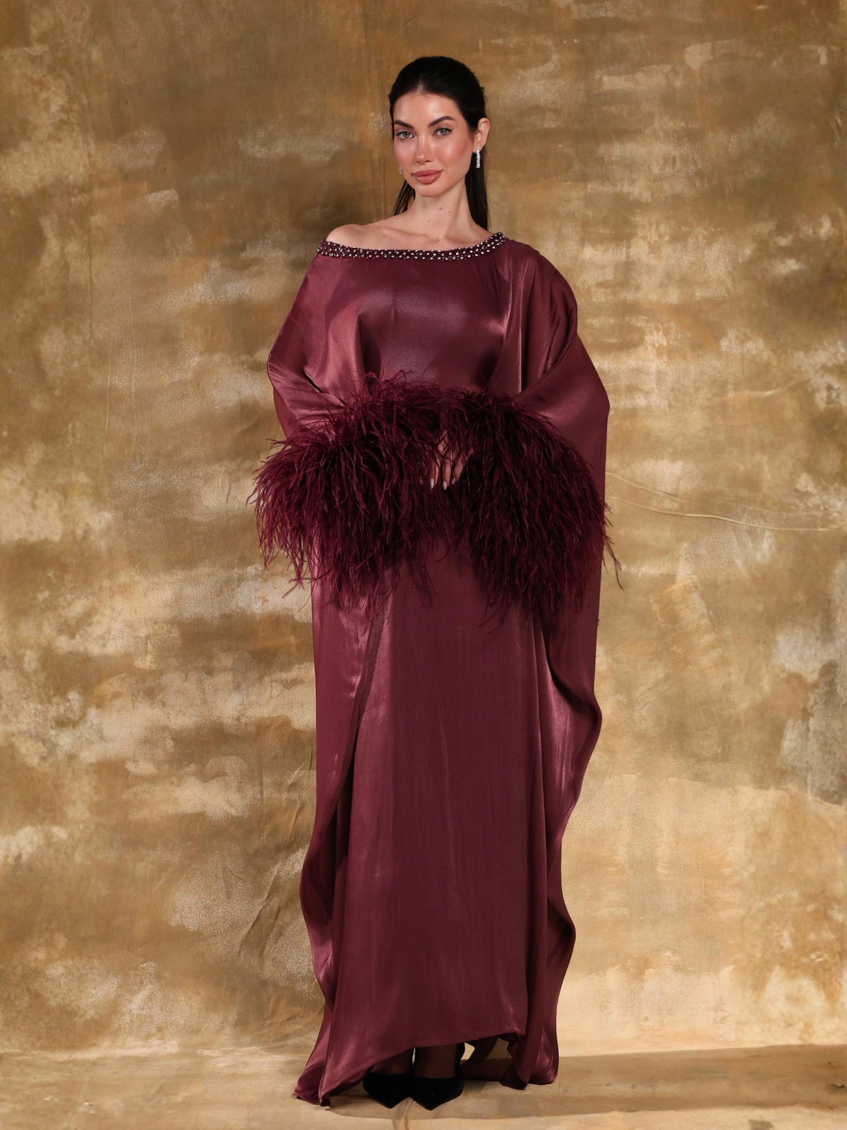 TALA BURGUNDY OSTRICH FEATHER KAFTAN