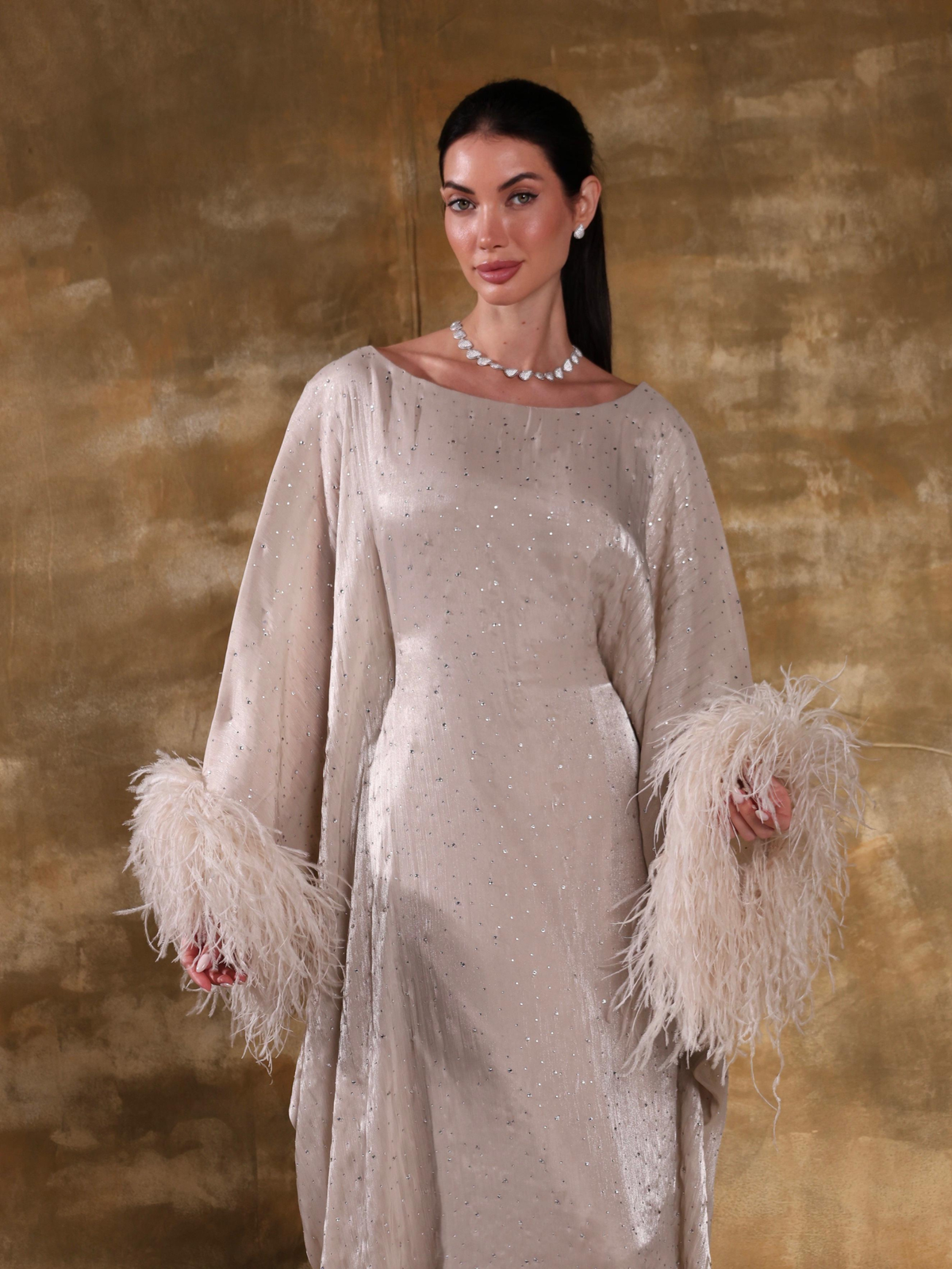 DIMA BEIGE OSTRICH FEATHER KAFTAN