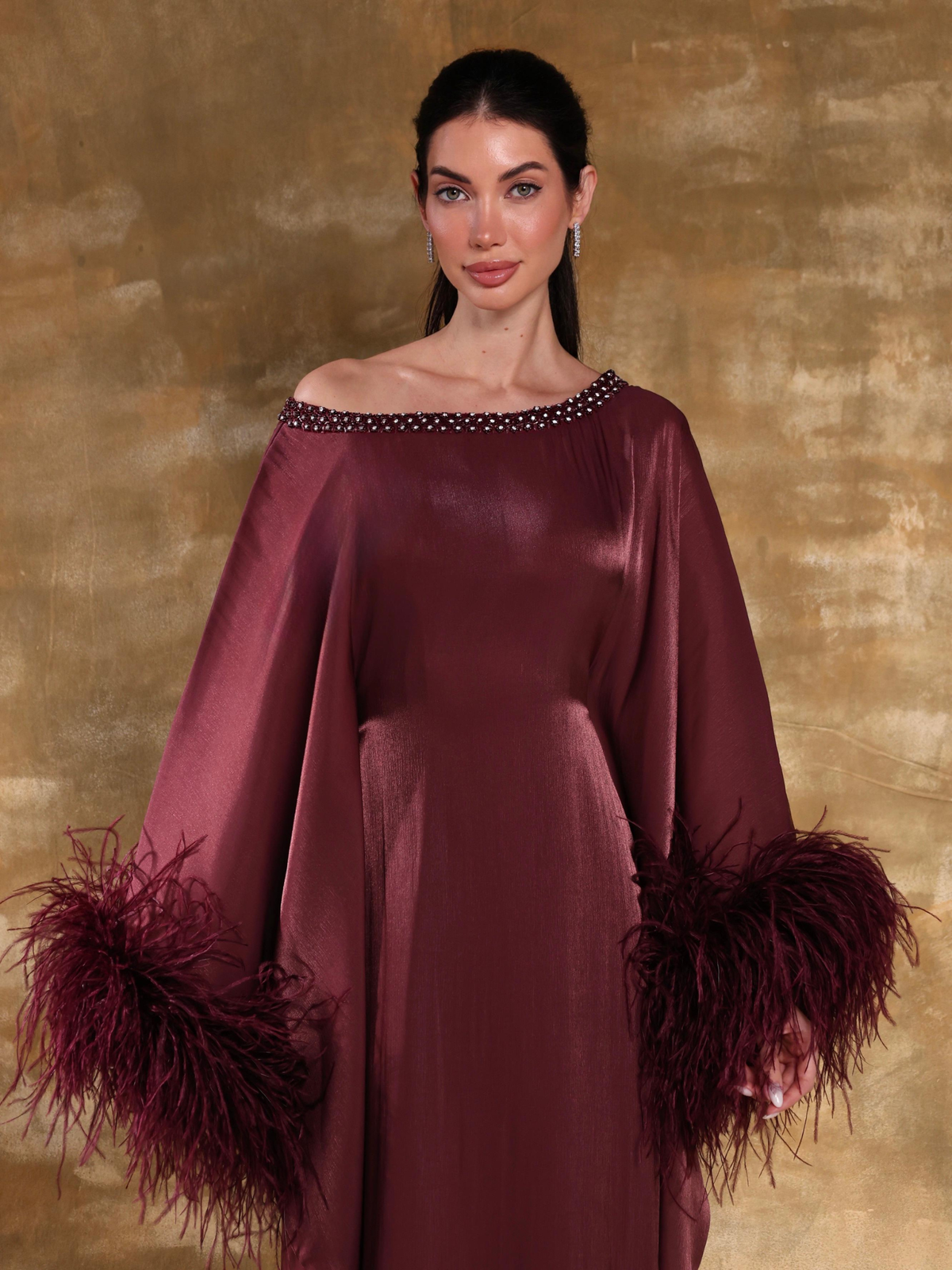 TALA BURGUNDY OSTRICH FEATHER KAFTAN