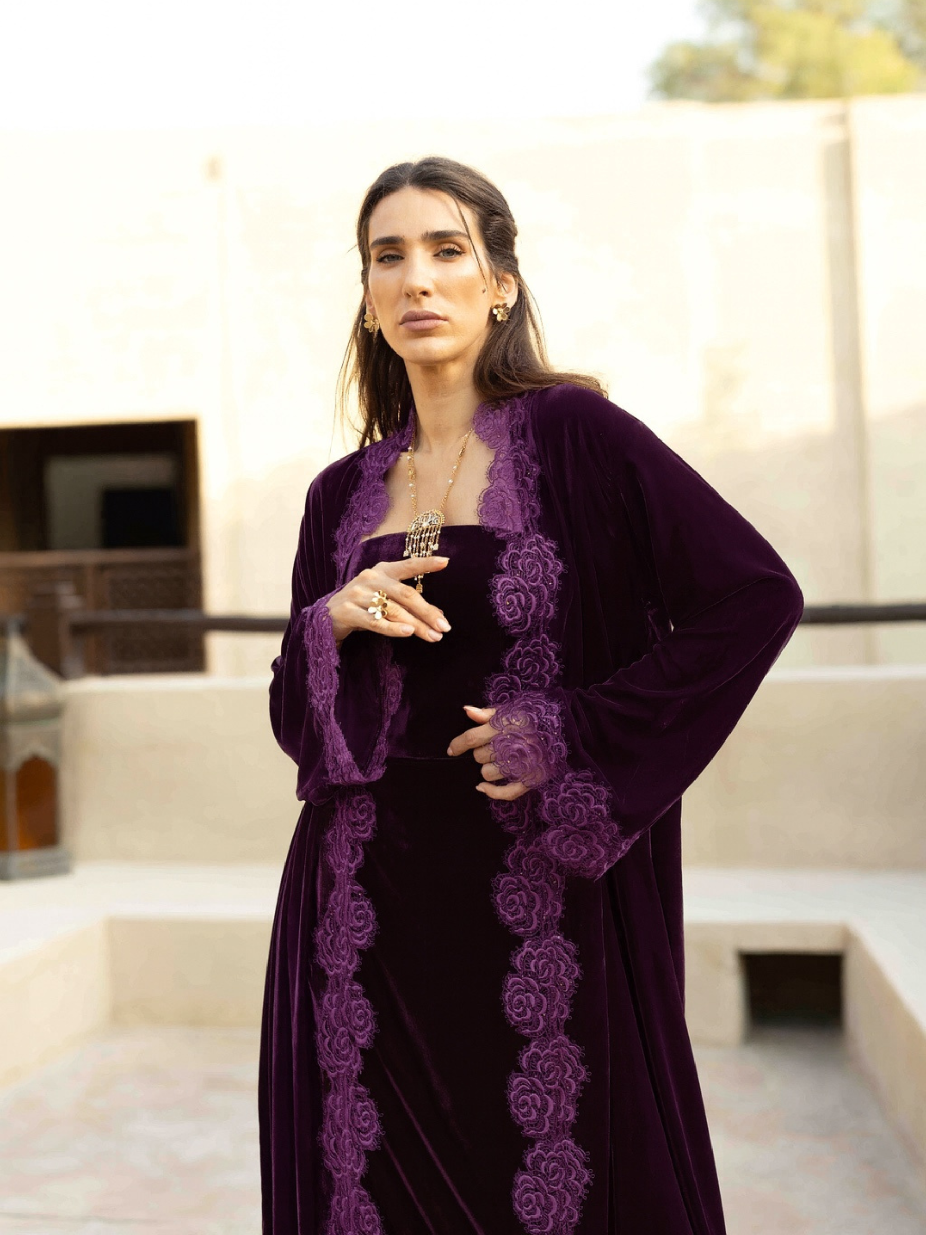 CAMELLIA PURPLE VELVET ABAYA