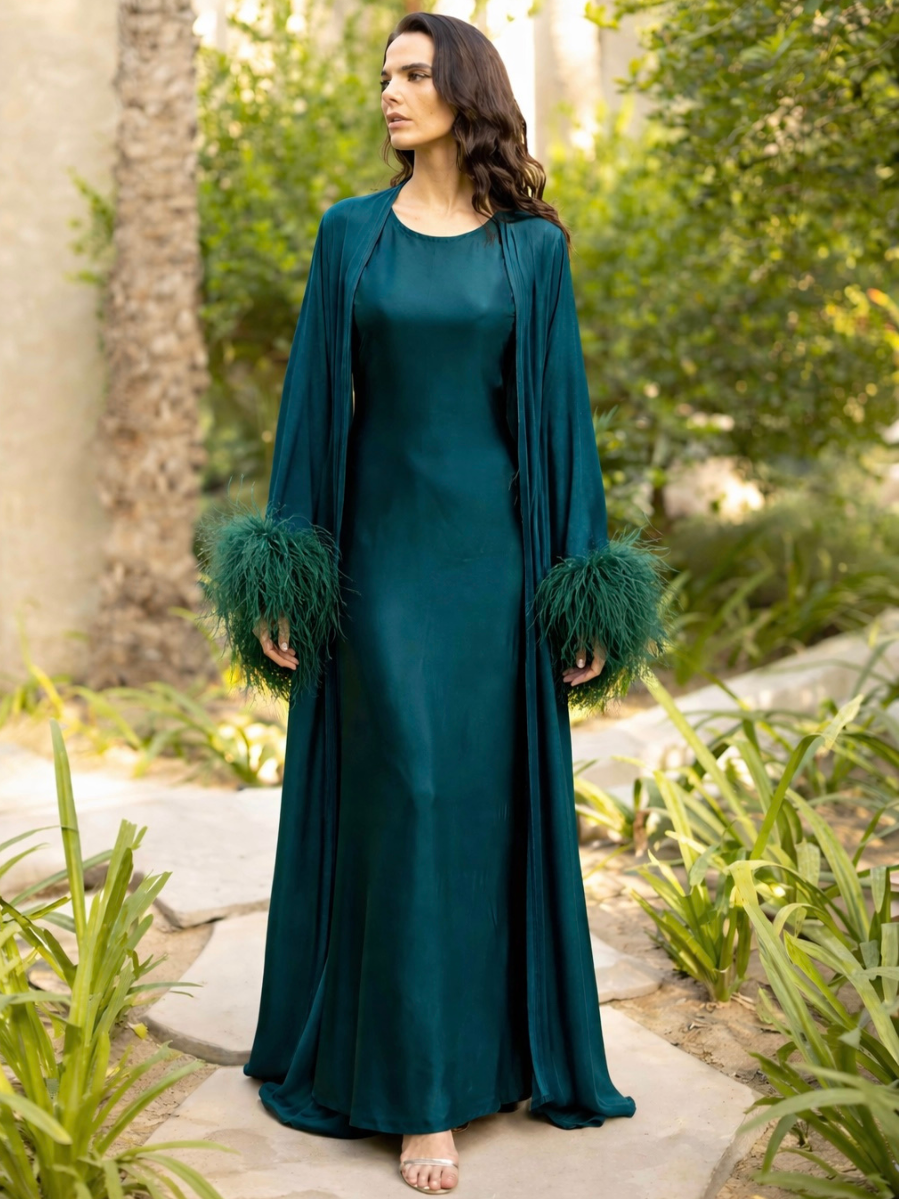 NOUF EMERALD GREEN FEATHER ABAYA