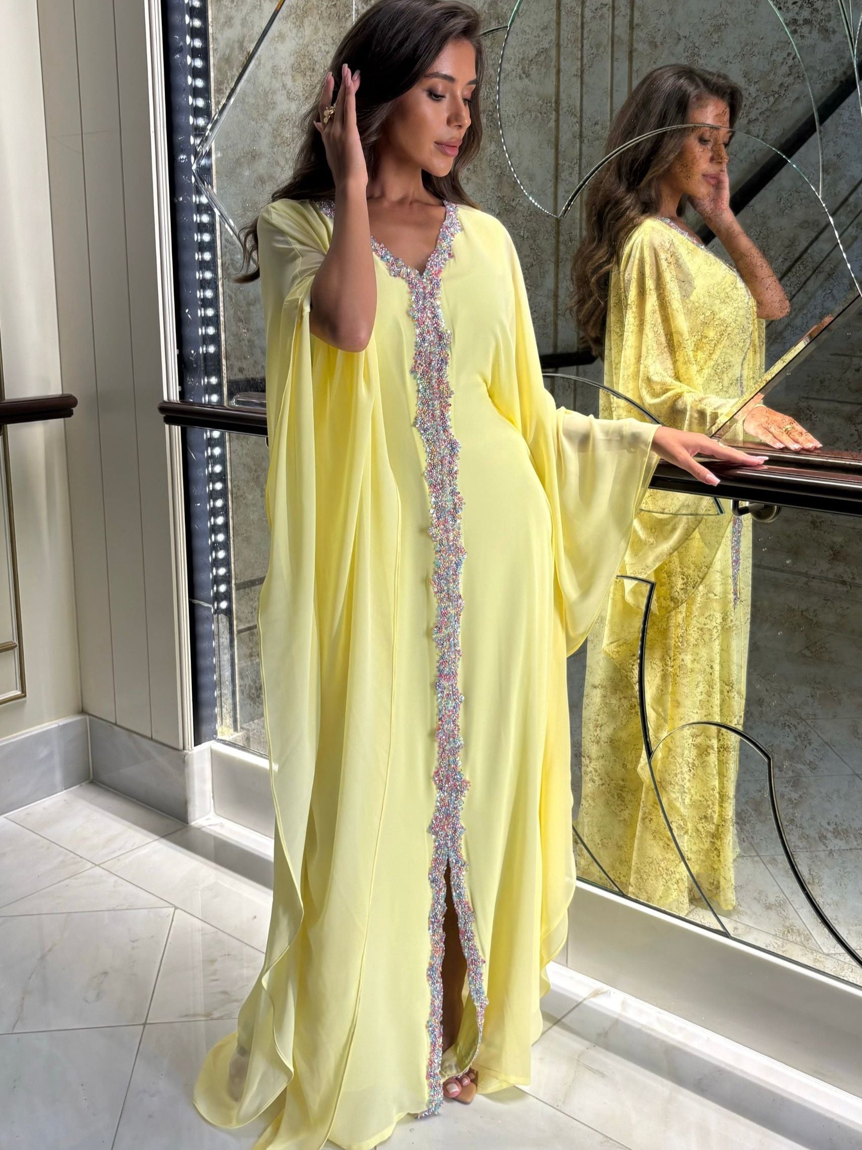 Maison Arabelle yellow kaftan colorful embroidery 