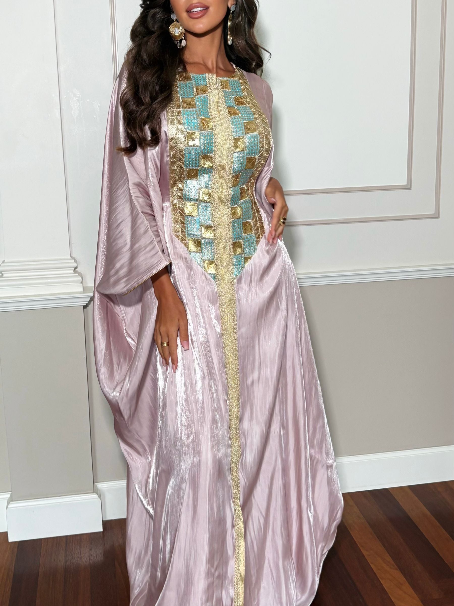Maison Arablle pink kaftan embroided kaftan with gold and blue laced