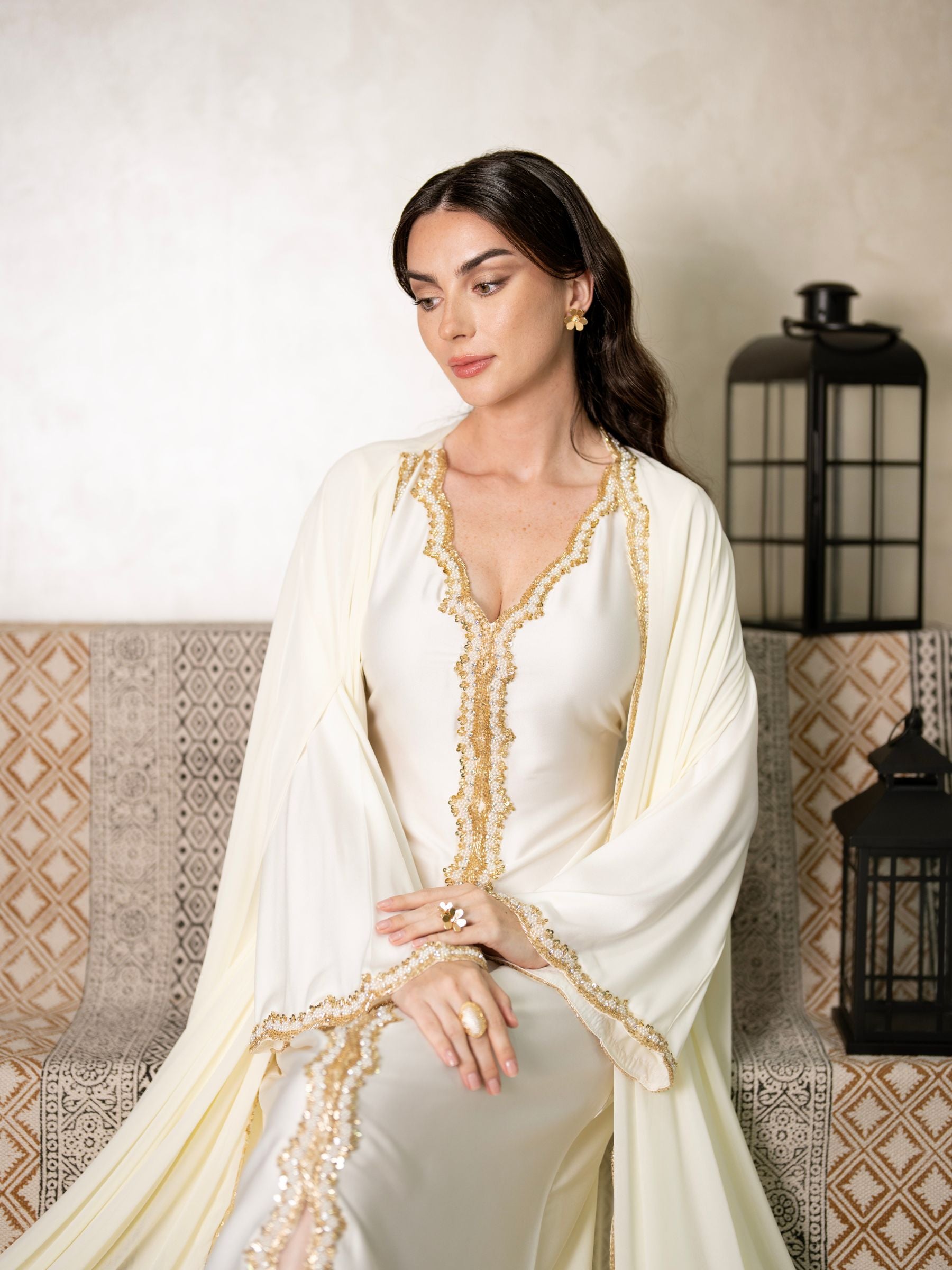 Maison Arabelle white outfit with gold embroidery for wedding occasion